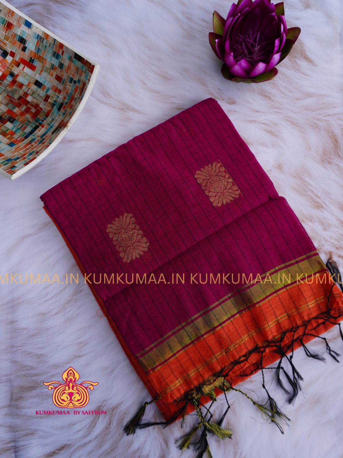 PURE COTTON-ORANGE AND PINK COLOUR STRIPED PRINT SAREE WITH BLOUSE - TRENDY - FLORAL DESIGN - Kumkumaa Exclusive COLLECTION - LATEST ELEGANT SAREE