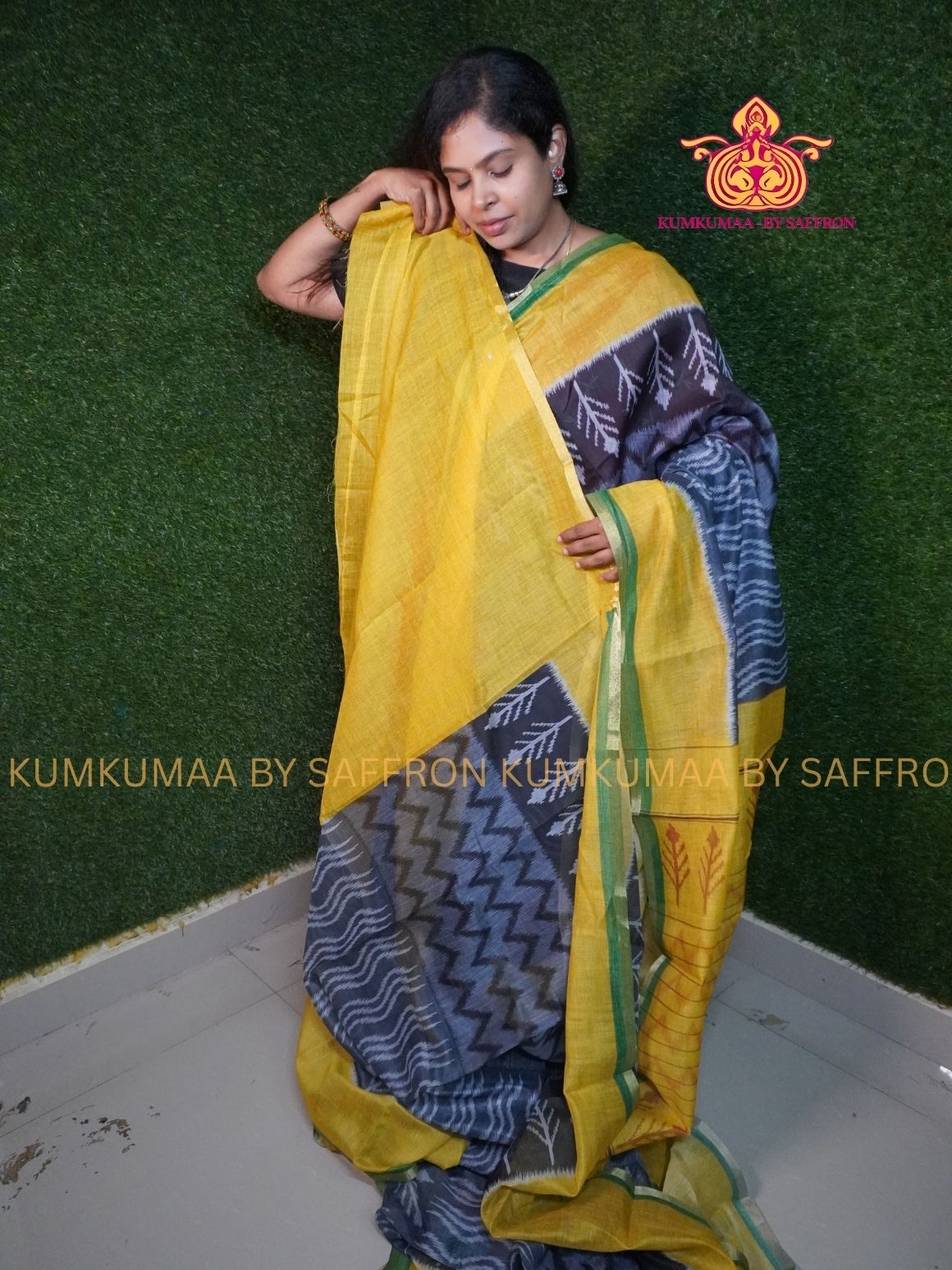 CHANDERI COTTON - GRAY AND YELLOW - ZIG ZAG DESIGN SAREE - PROFESSIONAL WEAR- MINIMALIST BORDER - LATEST COLLECTION - KUMKUMAA BY SAFFRON - ELITE DESIGN