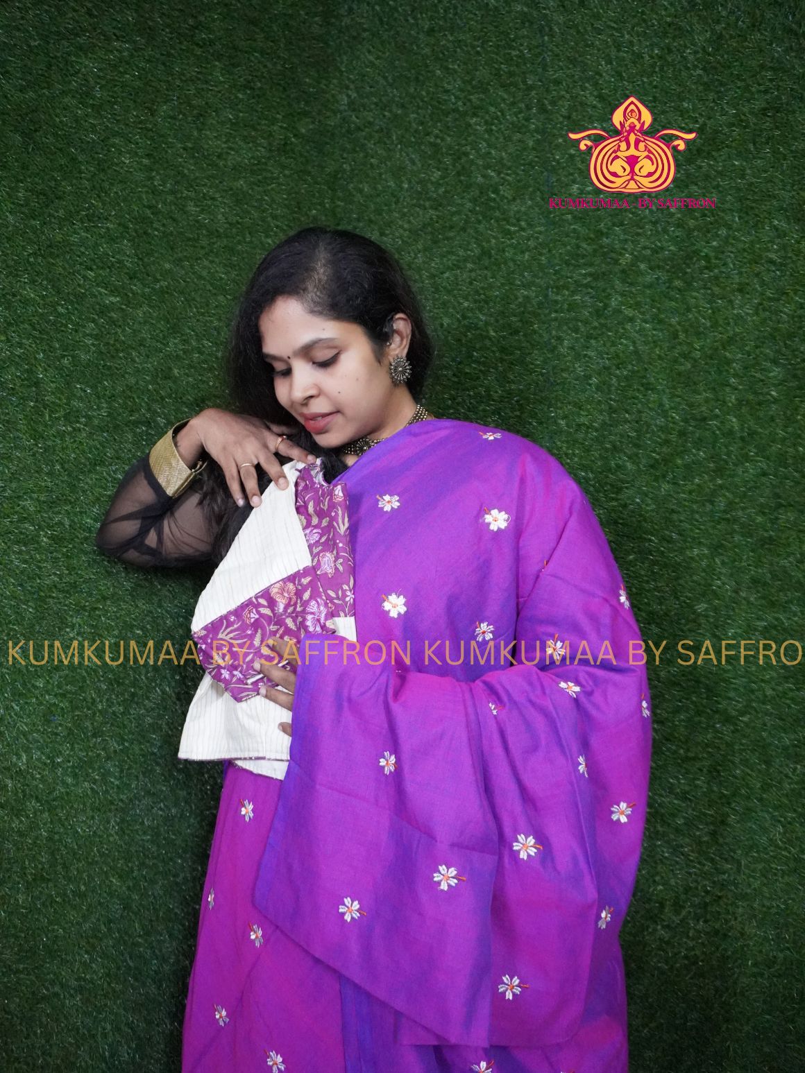 KATHI COTTON-PURPLE SAREE WITH WHITE FLORAL EMBROIDERY- FULLY STITCHED BLOUSE WITH LINING - Kumkumaa Exclusive SOFT KADHI COTTON - FANCY COMFORT