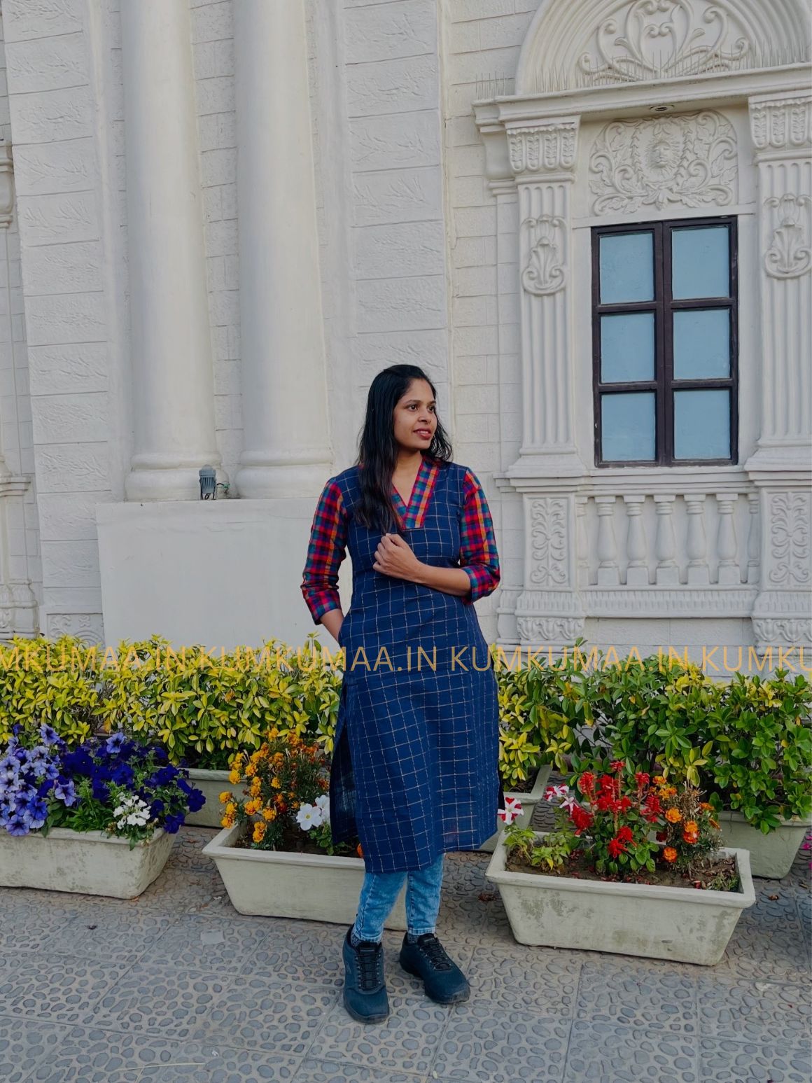 NAVY BLUE WITH MILD GOLD CHECKED KURTI WITH MADRAS CHECKS SLEEVE AND COLLAR, STRAIGHT CUT KURTI , SMART FIT, KUMKUMAA CREATION, CUSTOM MADE KURTI