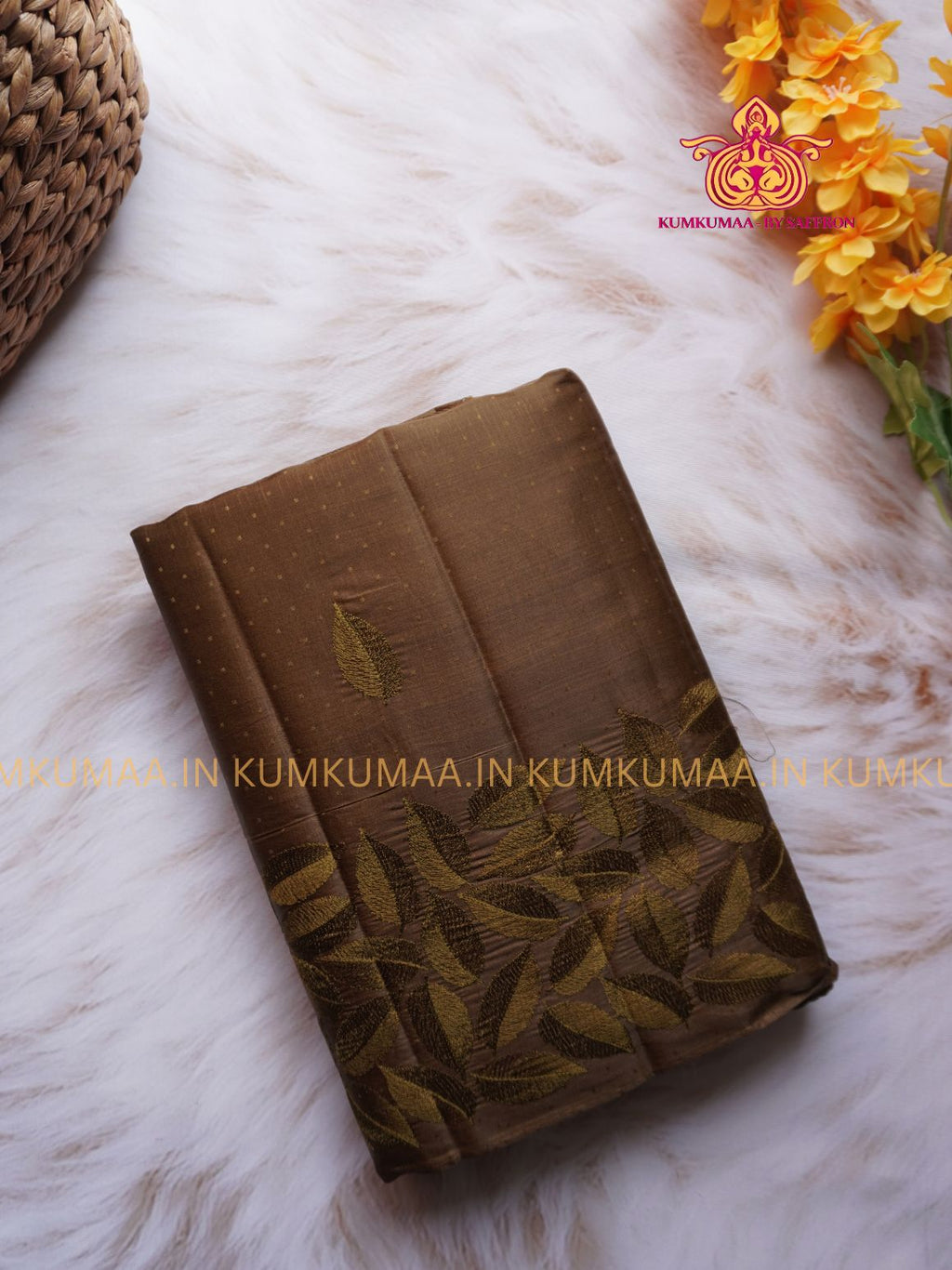 BUTTERSILK TUSSAR - HONEY HAZEL COLOUR - LEAF DESIGN SELF EMBROIDERED SAREE - EMBOSED SELF DESIGN - LATEST COLLECTION - KUMKUMAA BY SAFFRON - UNIQUE DESIGN