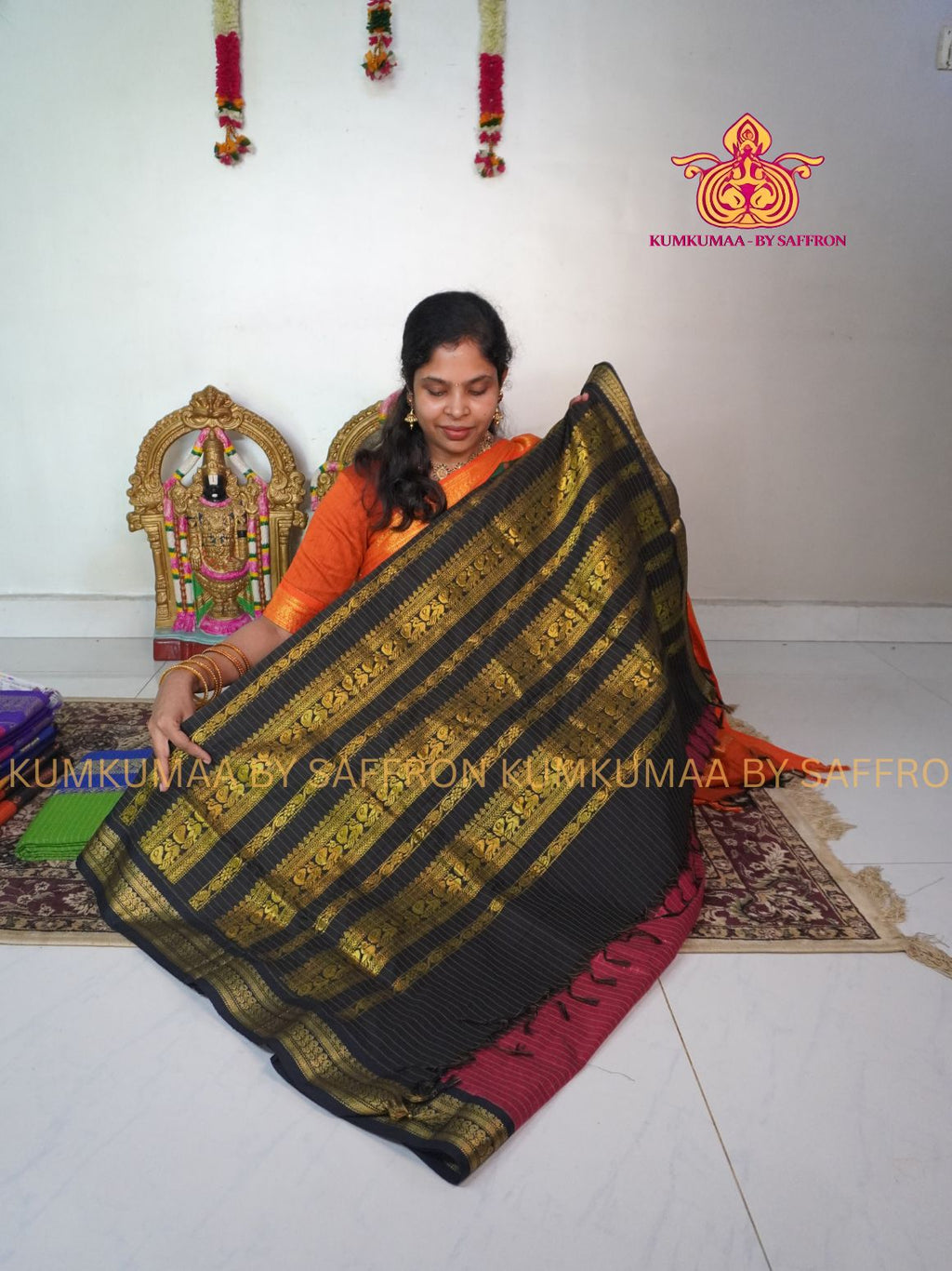 KALYANI COTTON - MAJANTA PINK WITH BBLACK CHECKED SAREE- GOLD ZARI BORDER - Kumkumaa Exclusive traditional festival temple wear