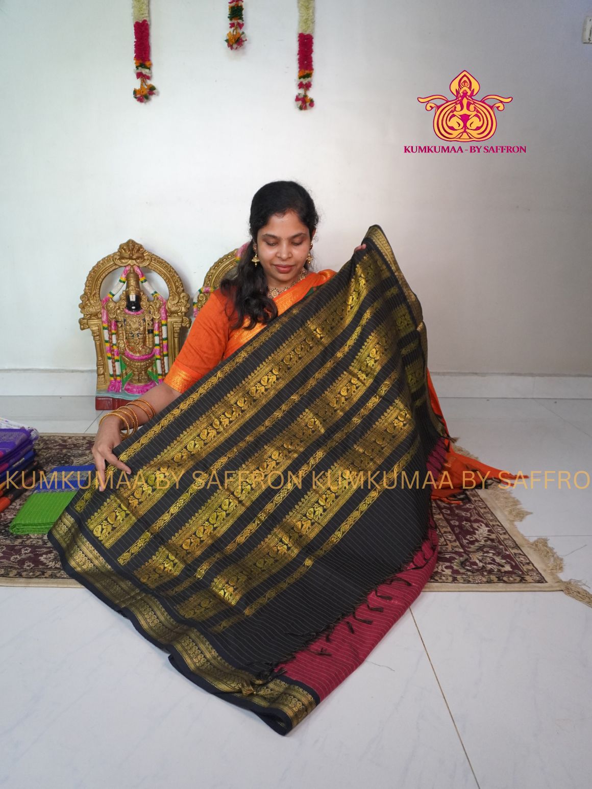 KALYANI COTTON - MAJANTA PINK WITH BBLACK CHECKED SAREE- GOLD ZARI BORDER - Kumkumaa Exclusive traditional festival temple wear