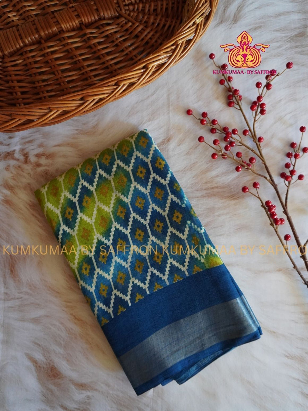 SOFT COTTON - GREEN AND BLUE - HONEY COMB DESIGN SAREE - ZARI MINIMALIST BORDER - LATEST COLLECTION - KUMKUMAA BY SAFFRON - UNIQUE DESIGN