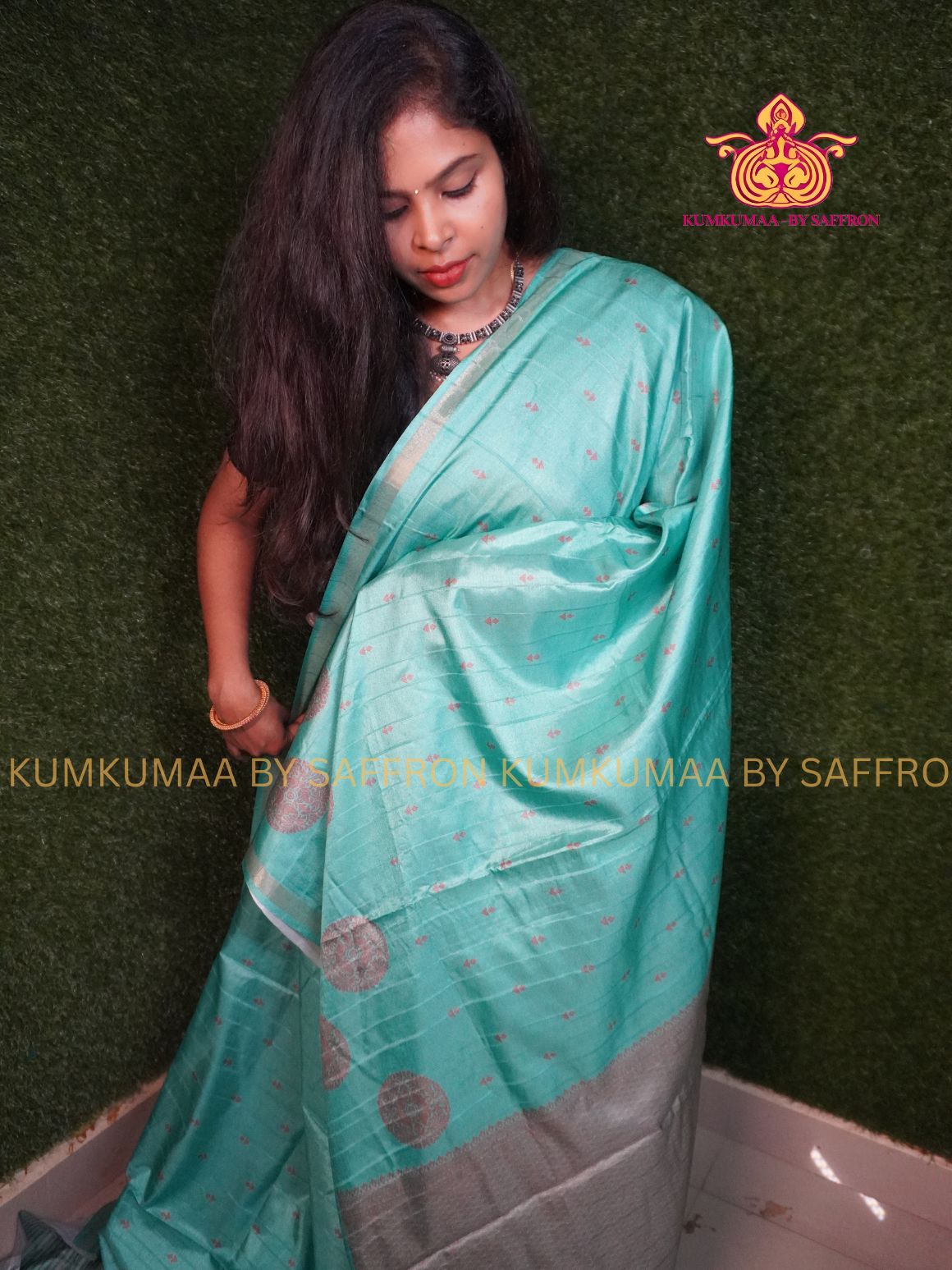 TUSSAR SILK - TURQUOISE GREEN AND GRAY - ZARI DOTS PRINTED SAREE - MINIMAL BORDER - LATEST COLLECTION - KUMKUMAA BY SAFFRON - UNIQUE DESIGN