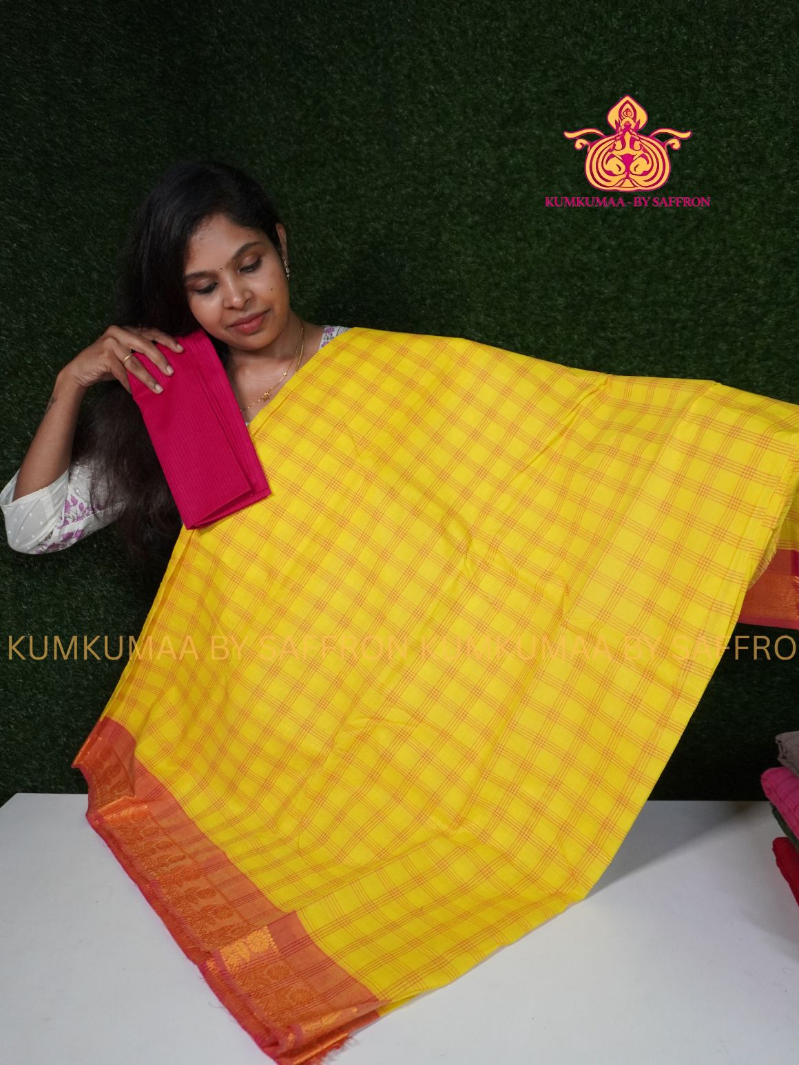 CHETTINAD COTTON - YELLOW CHECKED SAREE WITH RED BORDER - SOFT AND COMFORTABLE - Kumkumaa Exclusive COMFORT EVERYDAY SAREE