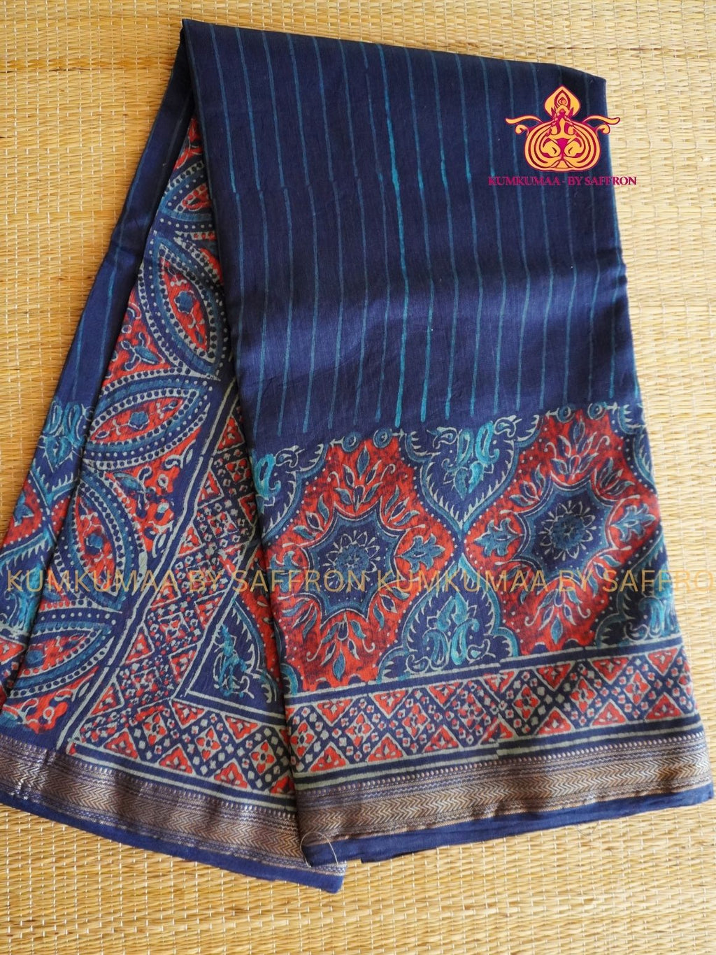 HAND WOVEN SILK -PURE MAHESHWARI SILK SAREE - DARK BLUE PRINTED SAREE - LATEST COLLECTION - KUMKUMAA BY SAFFRON - COMFORT AND ELEGANCE