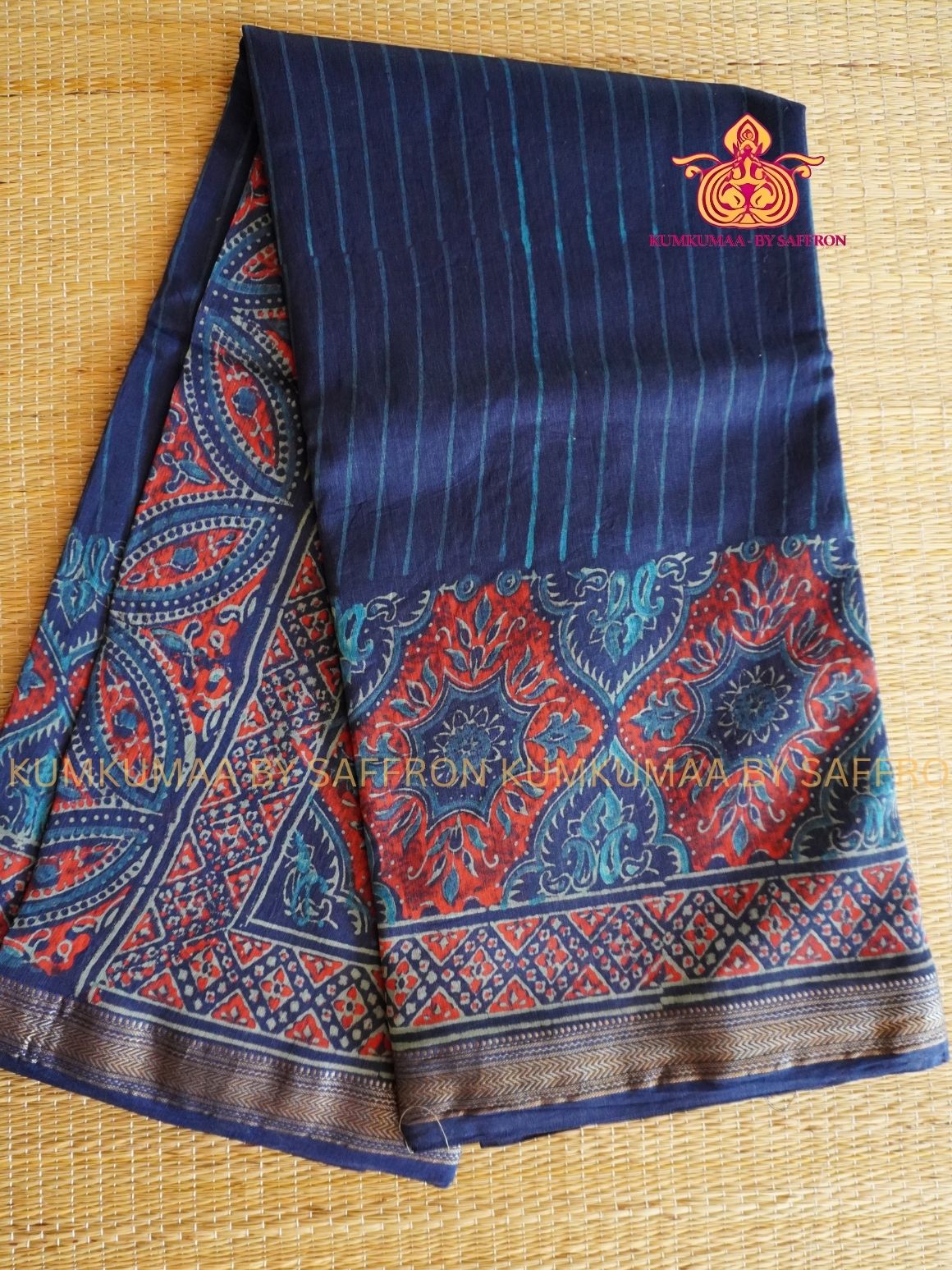HAND WOVEN SILK -PURE MAHESHWARI SILK SAREE - DARK BLUE PRINTED SAREE - LATEST COLLECTION - KUMKUMAA BY SAFFRON - COMFORT AND ELEGANCE