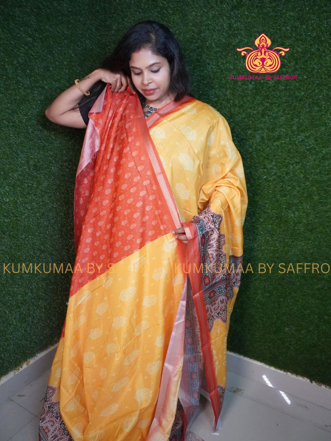 MAHESHWARI COTTON SILK- YELLOW AND ORANGE SAREE WITH BLOUSE - Kumkumaa FESTIVE - MANDALA DESIGN SKIRTING BORDER - OCCASION ELEGANCE - STYLISH AND BEAUTIFUL
