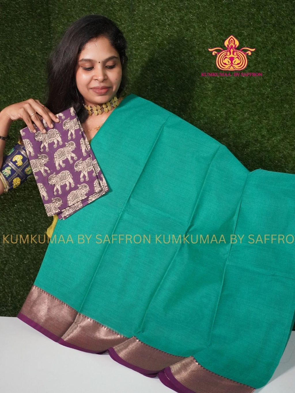CHETTINAD COTTON -TURQUOISE GREEN SAREE WITH PURPLE BORDER - SOFT AND COMFORTABLE - Kumkumaa Exclusive COMFORT EVERYDAY SAREE