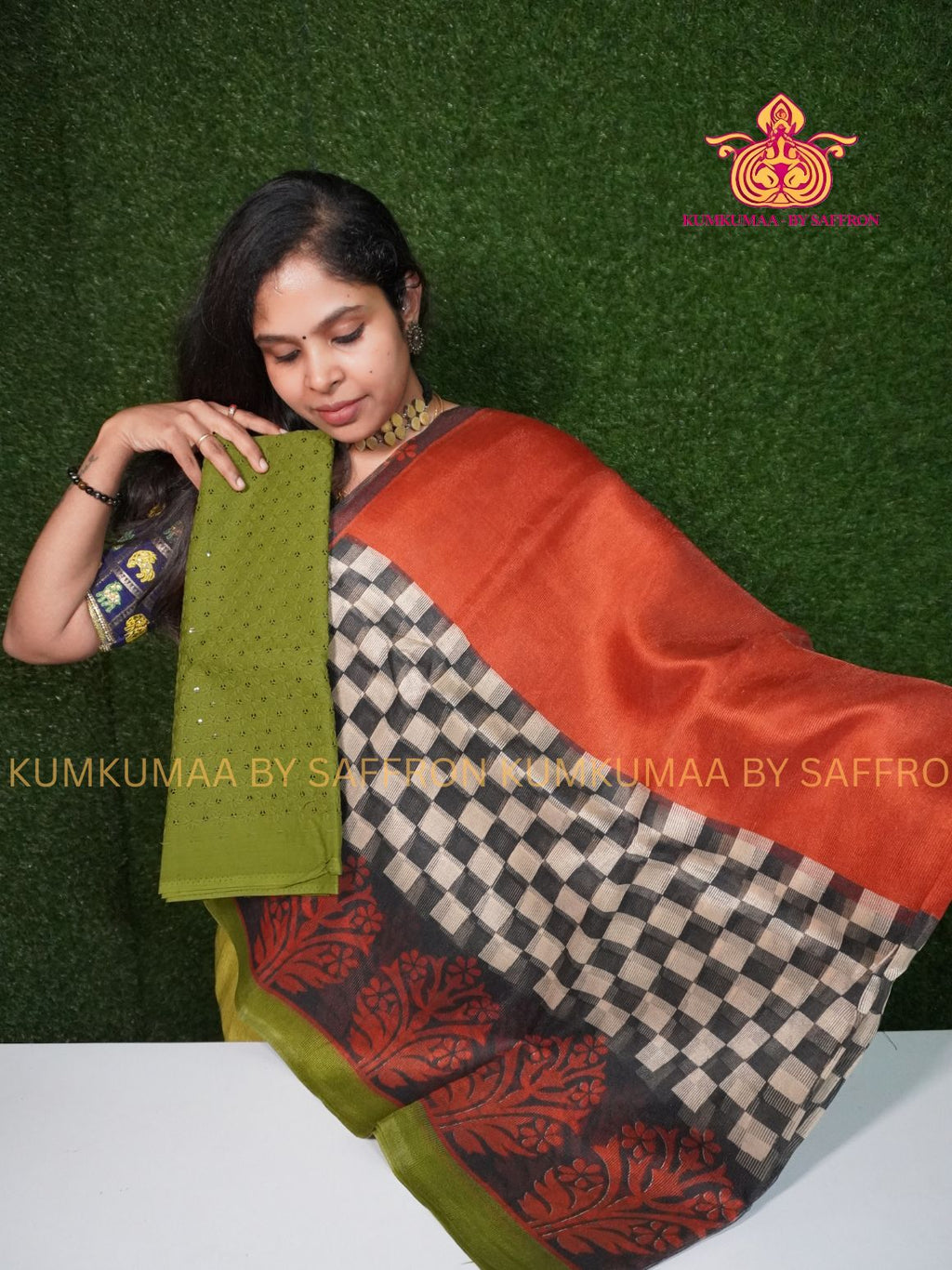KOTA - RUST ORANGE SAREE WITH MIRROR WORKED BLOUSE - CHESS CHECKED BORDER Kumkumaa LIGHT WEIGHT - BREATHABLE SAREE- FANCY AND ELEGANT