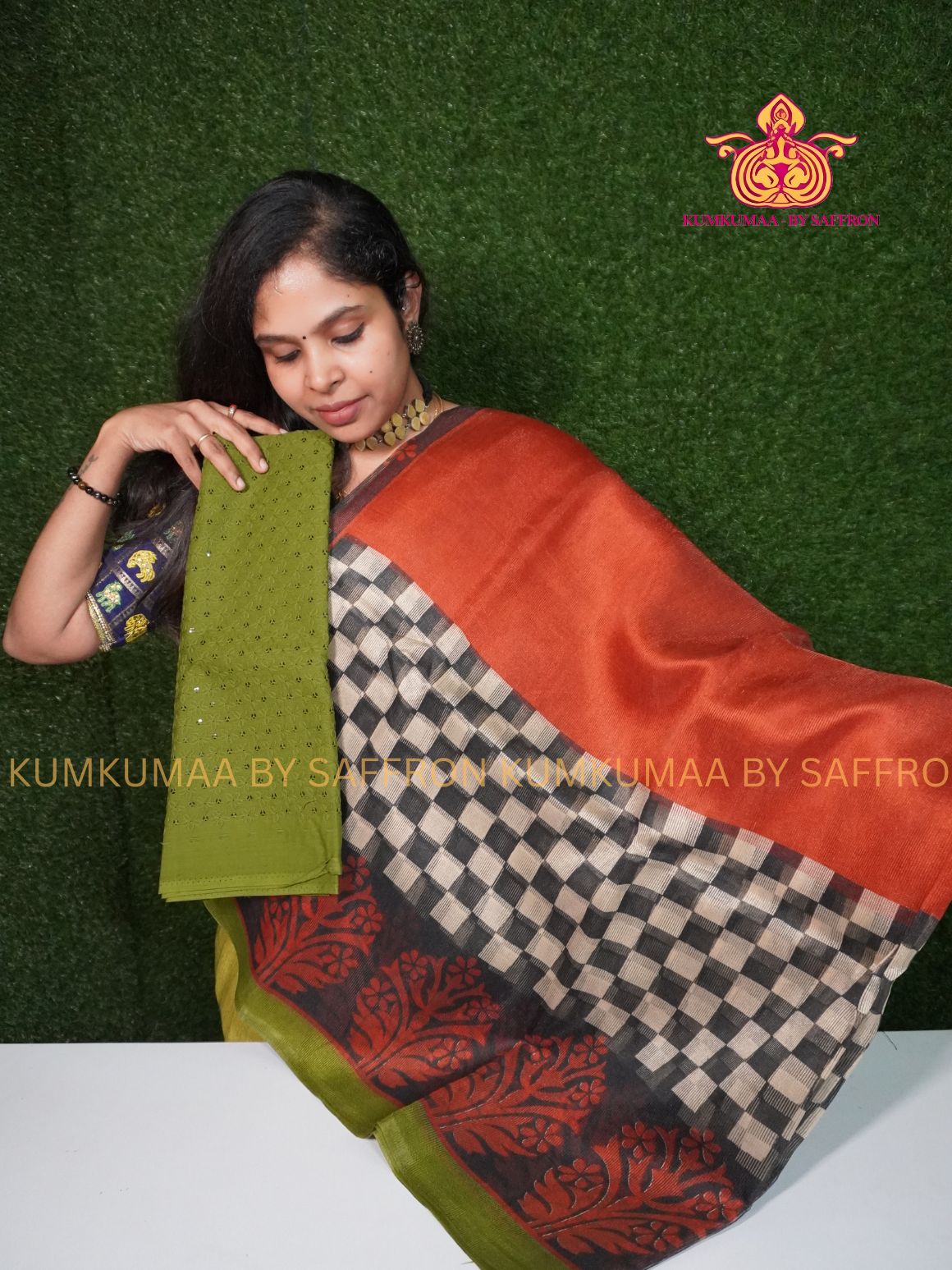 KOTA - RUST ORANGE SAREE WITH MIRROR WORKED BLOUSE - CHESS CHECKED BORDER Kumkumaa LIGHT WEIGHT - BREATHABLE SAREE- FANCY AND ELEGANT