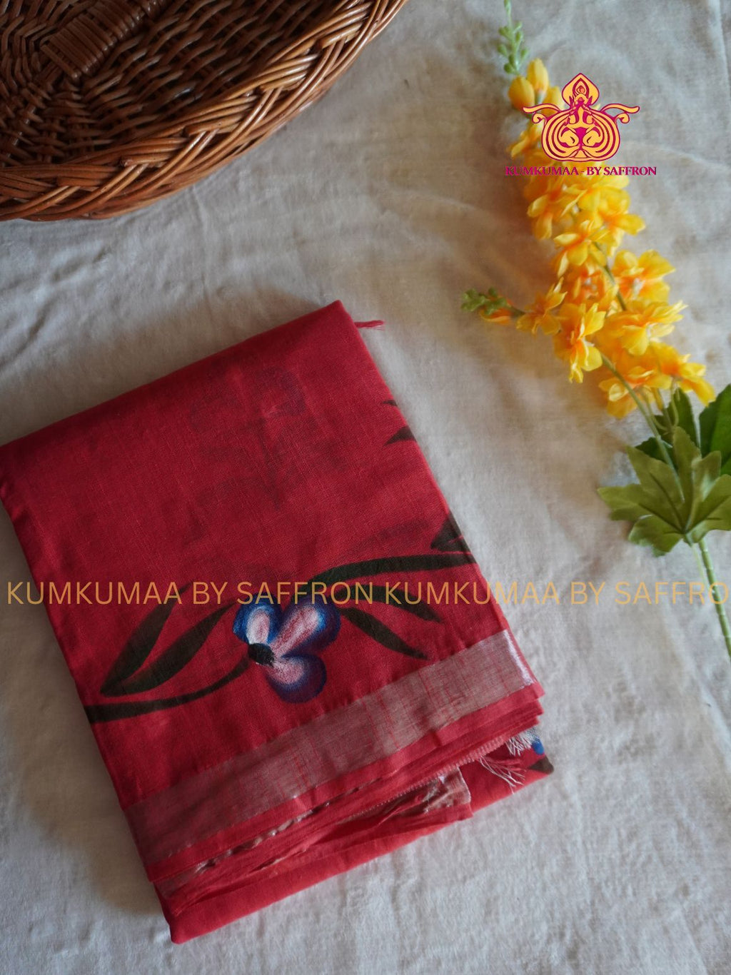 LINEN COTTON- REDDISH ORANGE WITH PAINTED FLORAL DESIGN PRINTED SAREE- Soft and comfortable everyday wear saree - WITH BLOUSE - Kumkumaa exclusive - Comfort wear Collection- Trendy and comfortable