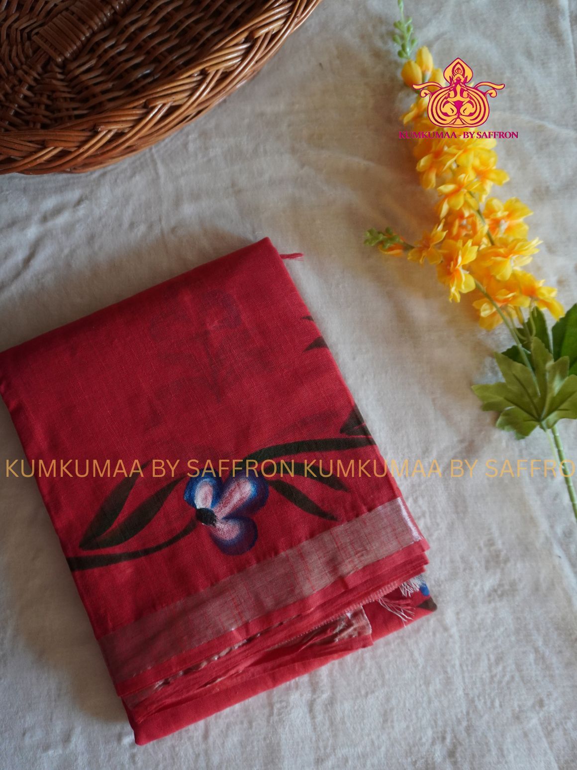 LINEN COTTON- REDDISH ORANGE WITH PAINTED FLORAL DESIGN PRINTED SAREE- Soft and comfortable everyday wear saree - WITH BLOUSE - Kumkumaa exclusive - Comfort wear Collection- Trendy and comfortable