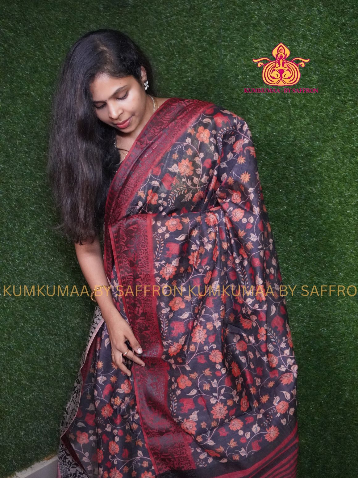 SOFT COTTON - BLACK & MAROON - FLOWER DESIGN SAREE - BLACK WARRIOR WEAVING BORDER - LATEST COLLECTION - KUMKUMAA BY SAFFRON - UNIQUE DESIGN