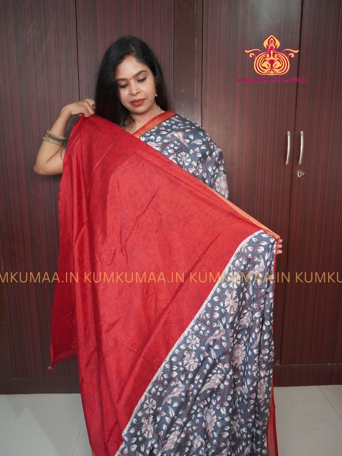 MUL COTTON SILK- GRAY & RED SAREE WITH BLOUSE - FLORAL PEACOCK PRINT- SOFTEST EVERYDAY WEAR - BEST COTTON SAREE- COMFORT AND TRENDY - STYLE WITH COMFORT - Kumkumaa EVERYDAY SAREE