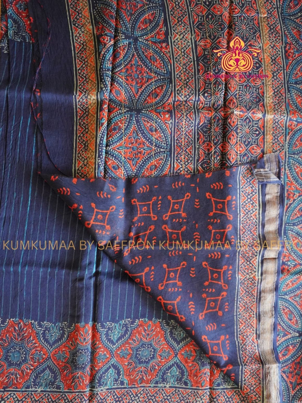 HAND WOVEN SILK -PURE MAHESHWARI SILK SAREE - DARK BLUE PRINTED SAREE - LATEST COLLECTION - KUMKUMAA BY SAFFRON - COMFORT AND ELEGANCE