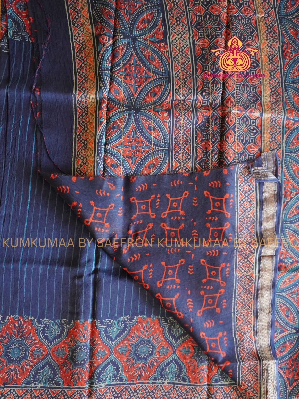 HAND WOVEN SILK -PURE MAHESHWARI SILK SAREE - DARK BLUE PRINTED SAREE - LATEST COLLECTION - KUMKUMAA BY SAFFRON - COMFORT AND ELEGANCE