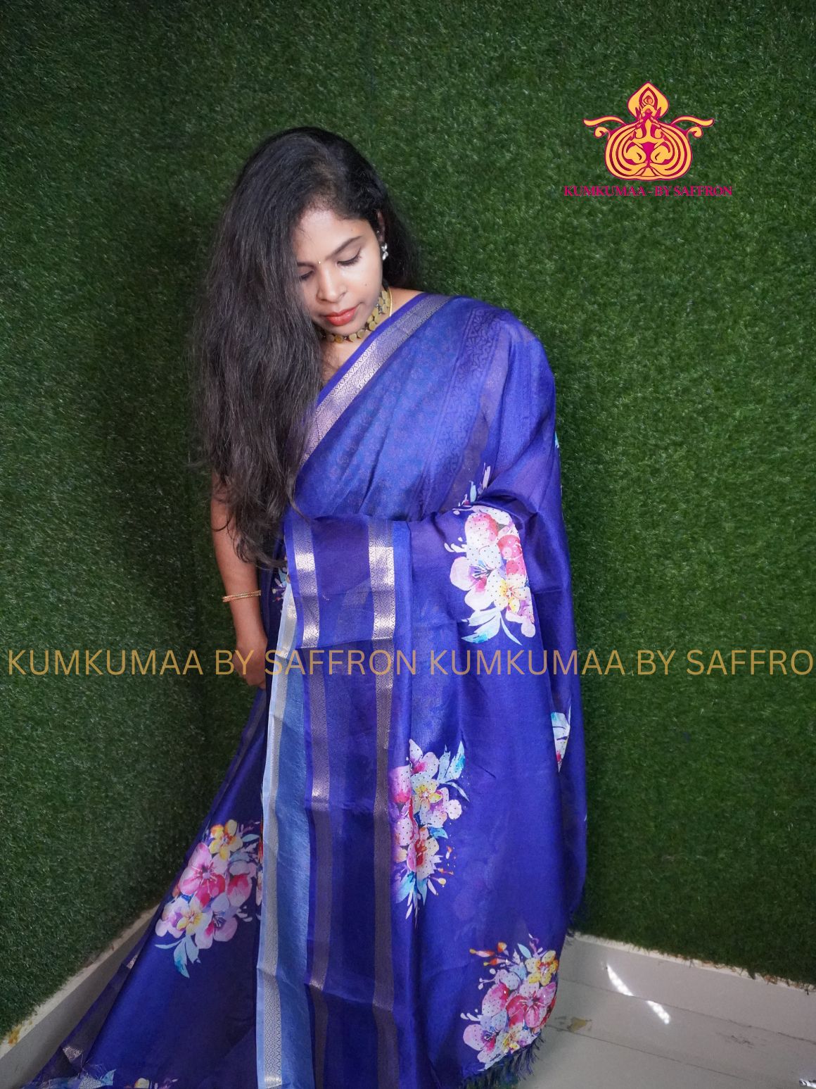 COTTON SILK- PURPLE SAREE WITH BLOUSE -FLORAL CRYSTAL DESIGN - Kumkumaa FESTIVE - MINIMALISTIC BORDER - OCCASION ELEGANCE - STYLISH AND BEAUTIFUL