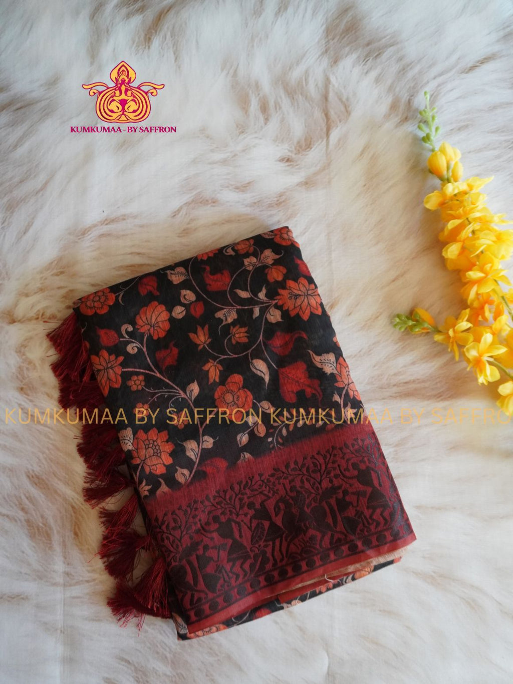 SOFT COTTON - BLACK & MAROON - FLOWER DESIGN SAREE - BLACK WARRIOR WEAVING BORDER - LATEST COLLECTION - KUMKUMAA BY SAFFRON - UNIQUE DESIGN