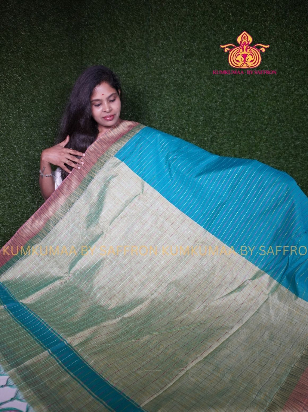KOVAI COTTON- TURQUOISE AND PASTEL GREEN SAREE WITH BLOUSE - Kumkumaa Exclusive- COMFORTABLE AND ELITE