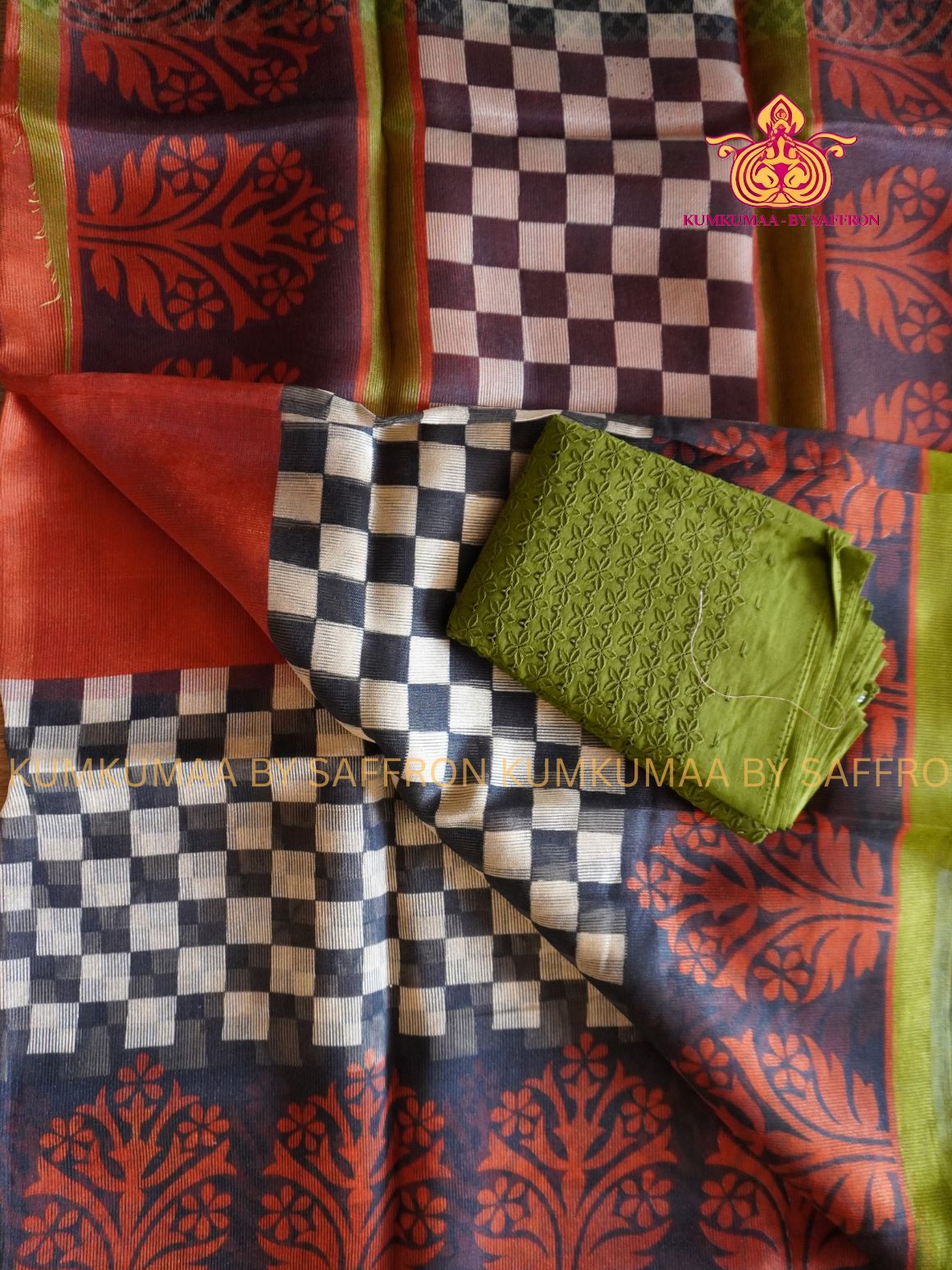 KOTA - RUST ORANGE SAREE WITH MIRROR WORKED BLOUSE - CHESS CHECKED BORDER Kumkumaa LIGHT WEIGHT - BREATHABLE SAREE- FANCY AND ELEGANT