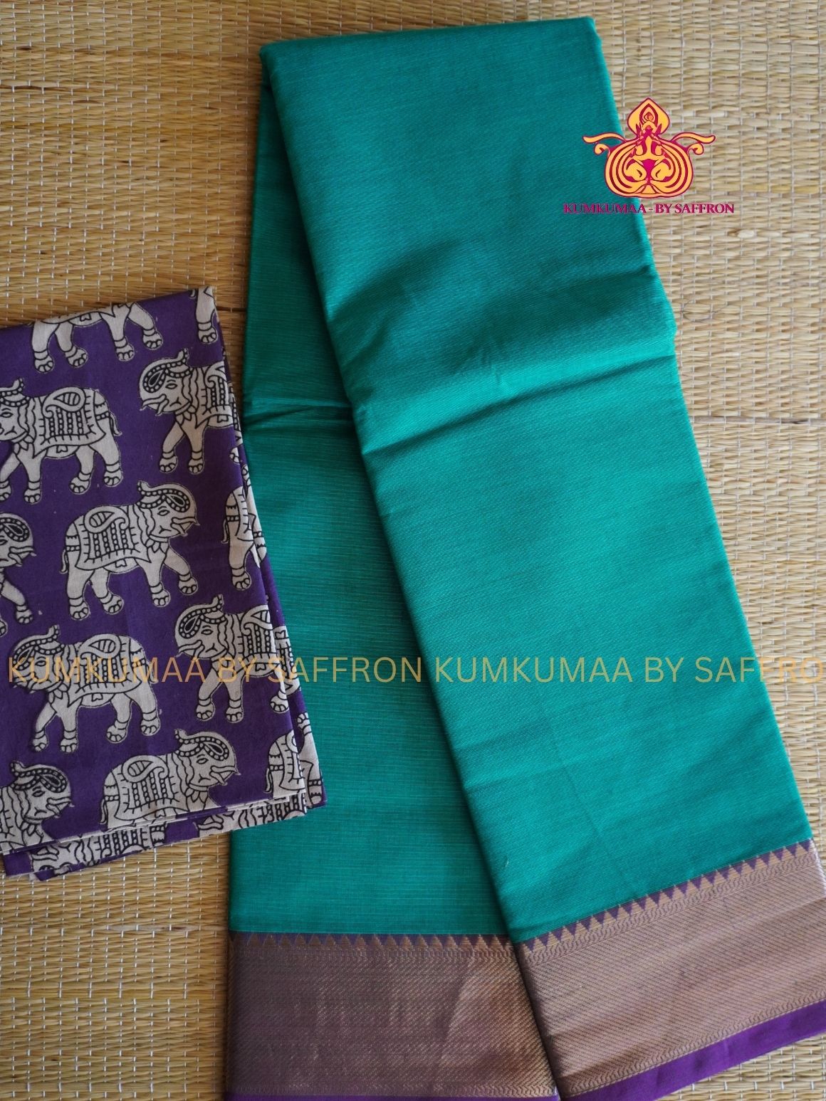 CHETTINAD COTTON -TURQUOISE GREEN SAREE WITH PURPLE BORDER - SOFT AND COMFORTABLE - Kumkumaa Exclusive COMFORT EVERYDAY SAREE