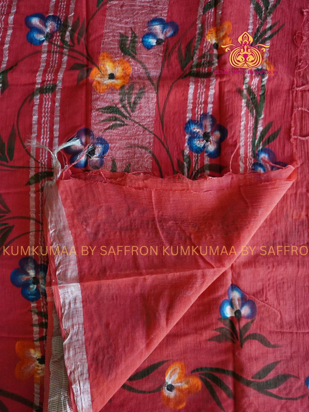 LINEN COTTON- REDDISH ORANGE WITH PAINTED FLORAL DESIGN PRINTED SAREE- Soft and comfortable everyday wear saree - WITH BLOUSE - Kumkumaa exclusive - Comfort wear Collection- Trendy and comfortable