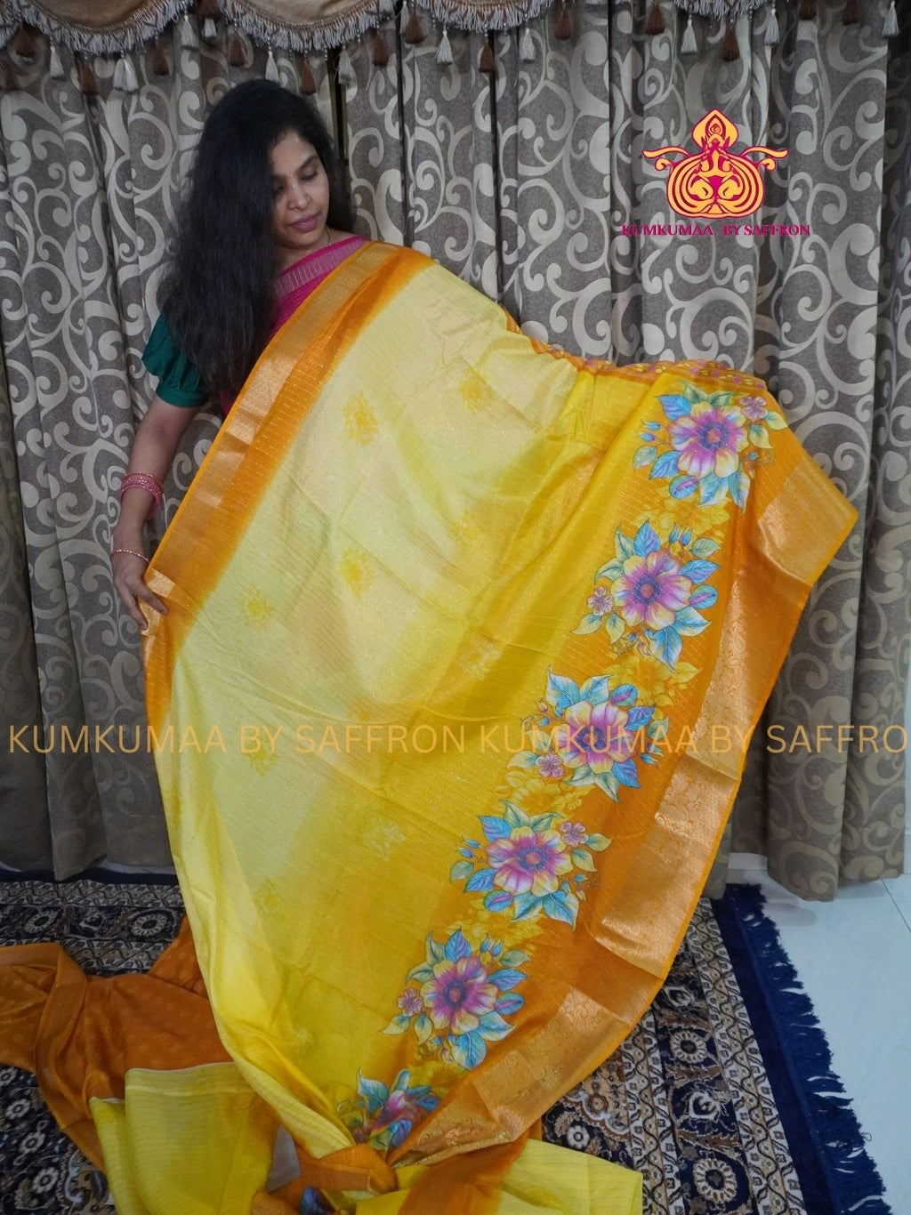 Dola Silk - COMFORTABLE FESTIVE Beautiful saree for women-YELLOW -ORANGE -ZARI WEAVING STRIPES - FLORAL PRINT - KUMKUMAA TRENDY TRADITIONAL WEAR - Comfort - Confidence - Elegance