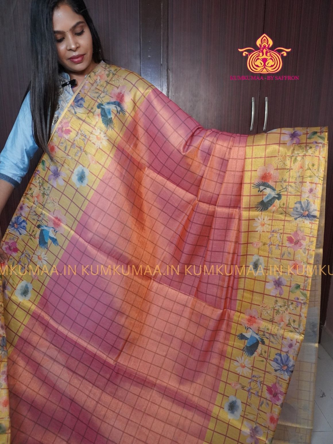 SOFT TISSUE - ORANGE WITH BEIGE COLOUR WITH BLOUSE - TISSUE WEAVING - SHINE TISSUE WITH FLORAL DESIGN -KUMKUMAA EXCLUSIVE