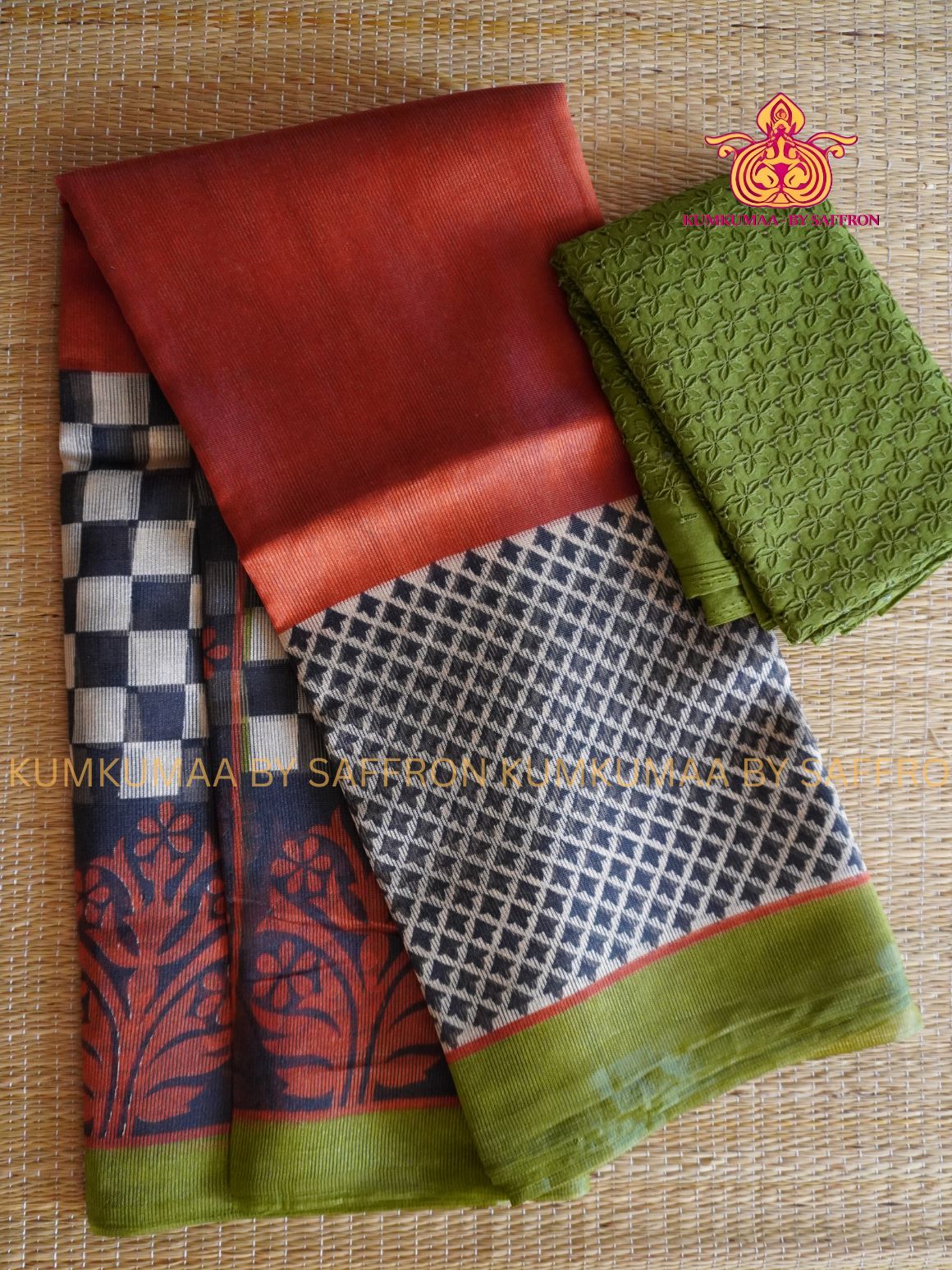 KOTA - RUST ORANGE SAREE WITH MIRROR WORKED BLOUSE - CHESS CHECKED BORDER Kumkumaa LIGHT WEIGHT - BREATHABLE SAREE- FANCY AND ELEGANT