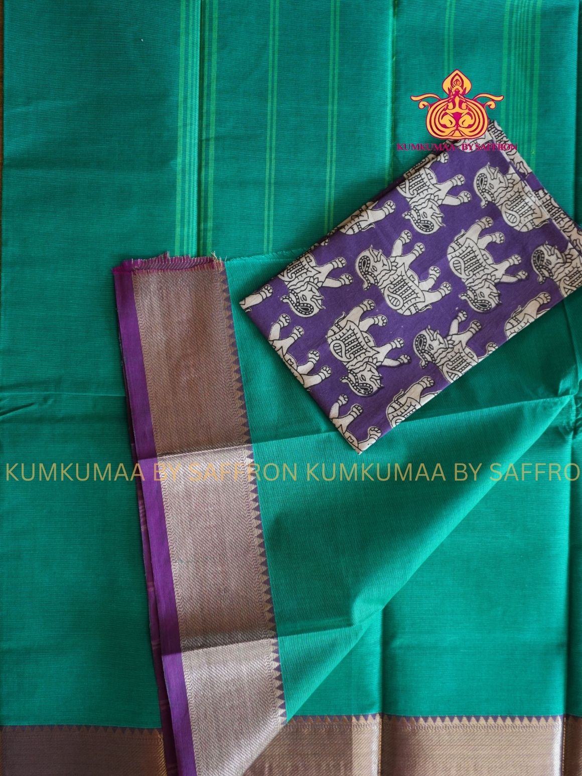 CHETTINAD COTTON -TURQUOISE GREEN SAREE WITH PURPLE BORDER - SOFT AND COMFORTABLE - Kumkumaa Exclusive COMFORT EVERYDAY SAREE