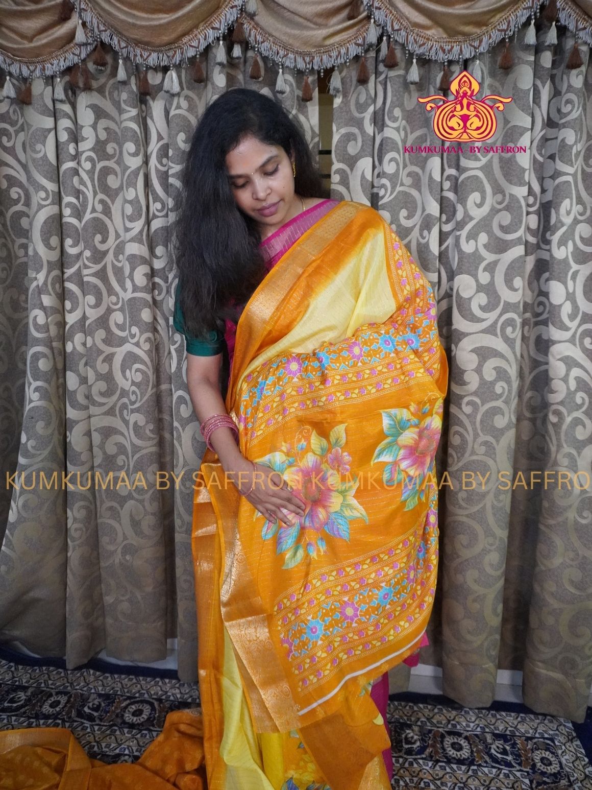 Dola Silk - COMFORTABLE FESTIVE Beautiful saree for women-YELLOW -ORANGE -ZARI WEAVING STRIPES - FLORAL PRINT - KUMKUMAA TRENDY TRADITIONAL WEAR - Comfort - Confidence - Elegance