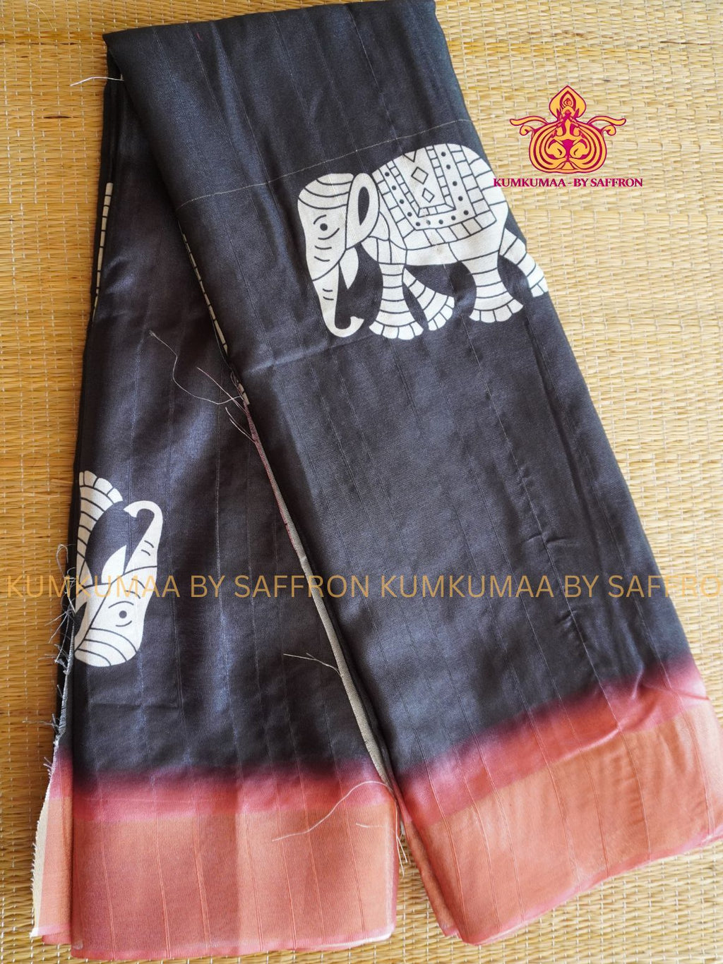 TUSSAR SILK -BLACK WITH PEACH ELEPHANT PRINTED SAREE - ZARI BORDER - LATEST COLLECTION - KUMKUMAA BY SAFFRON - UNIQUE DESIGN