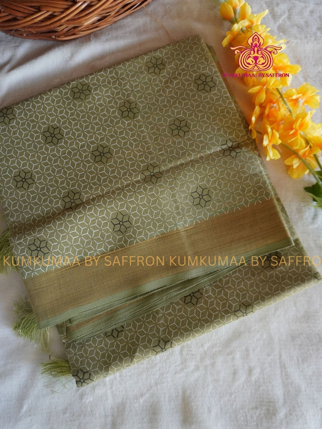 PURE COTTON-LIGHT GREEN HONEY COMB PRINT SAREE WITH BLOUSE - TRENDY - GEOMETRIC DESIGN - Kumkumaa Exclusive COLLECTION - LATEST ELEGANT SAREE