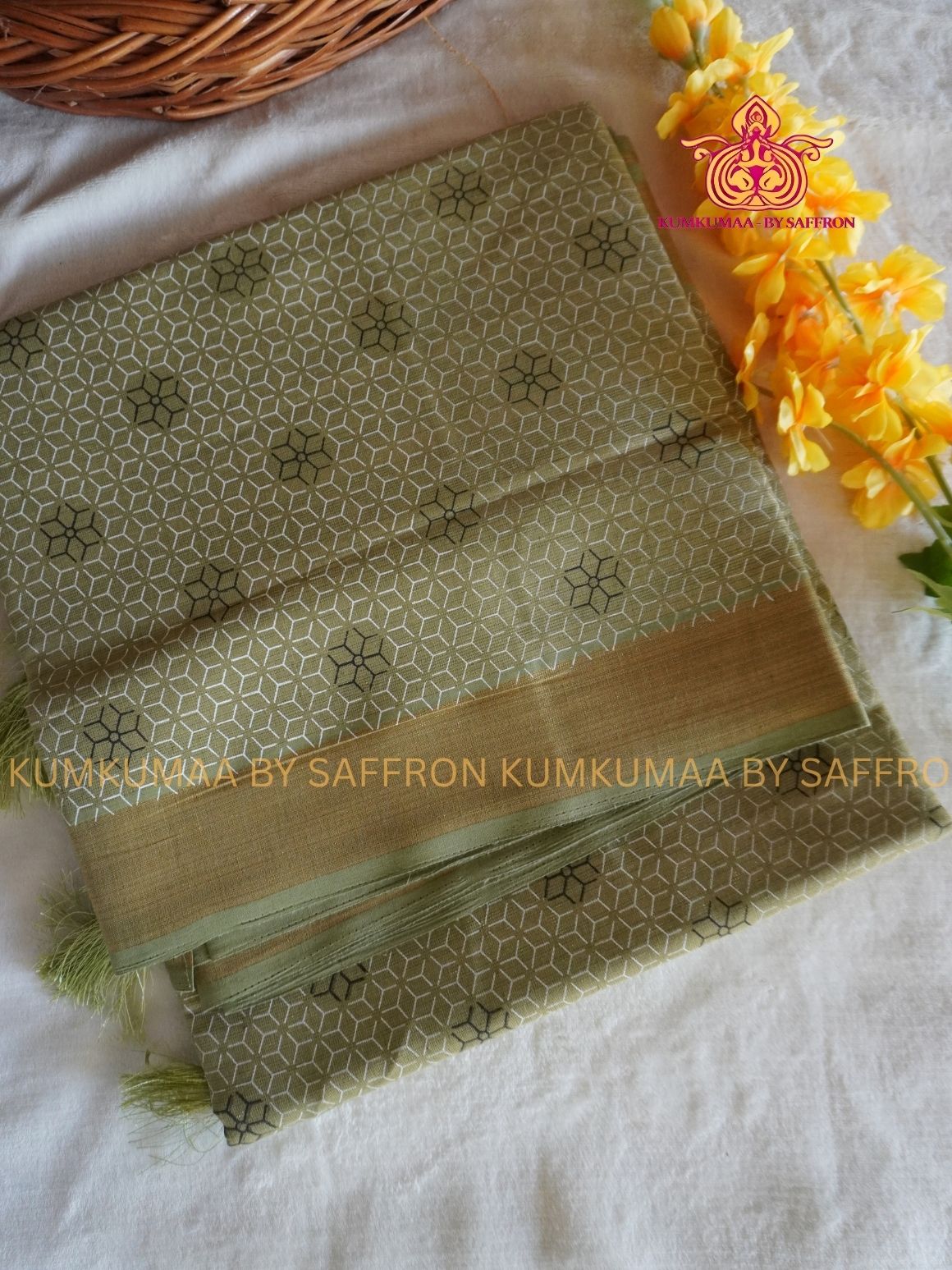 PURE COTTON-LIGHT GREEN HONEY COMB PRINT SAREE WITH BLOUSE - TRENDY - GEOMETRIC DESIGN - Kumkumaa Exclusive COLLECTION - LATEST ELEGANT SAREE