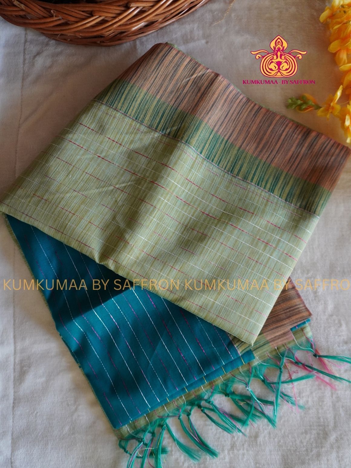 KOVAI COTTON- TURQUOISE AND PASTEL GREEN SAREE WITH BLOUSE - Kumkumaa Exclusive- COMFORTABLE AND ELITE