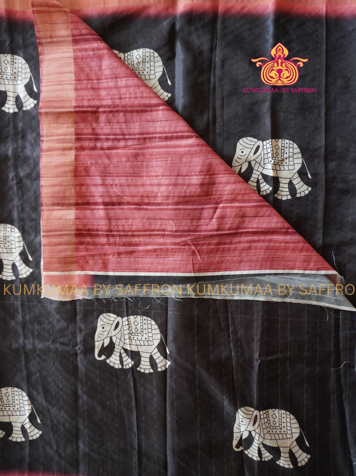 TUSSAR SILK -BLACK WITH PEACH ELEPHANT PRINTED SAREE - ZARI BORDER - LATEST COLLECTION - KUMKUMAA BY SAFFRON - UNIQUE DESIGN