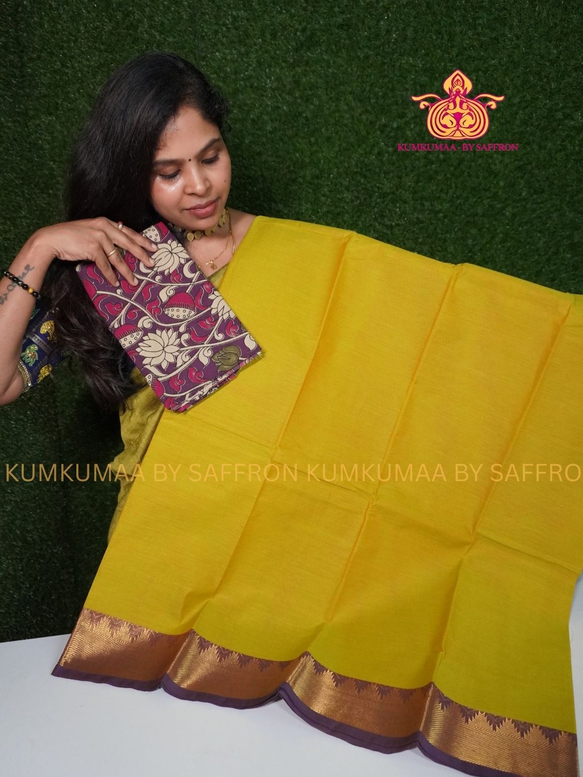 CHETTINAD COTTON - YELLOW SAREE WITH VIOLET BORDER - SOFT AND COMFORTABLE - Kumkumaa Exclusive COMFORT EVERYDAY SAREE