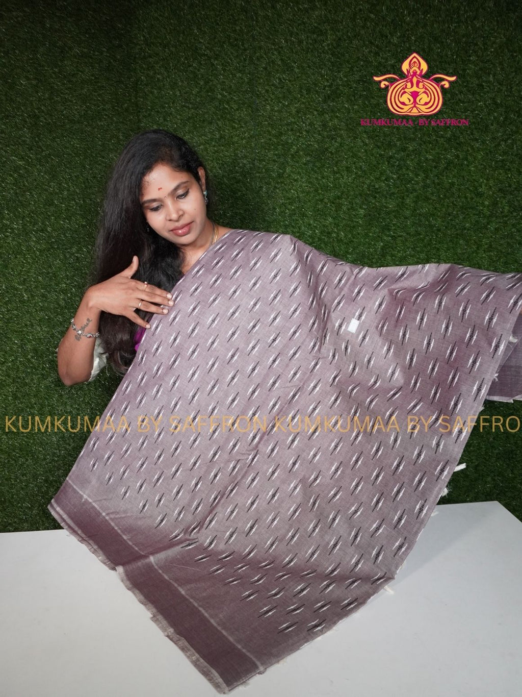 PURE COTTON-NEUTRAL EARTH TONE IKKAT PRINT SAREE WITH BLOUSE - TRENDY - GEOMETRIC DESIGN - Kumkumaa Exclusive COLLECTION - LATEST ELEGANT SAREE