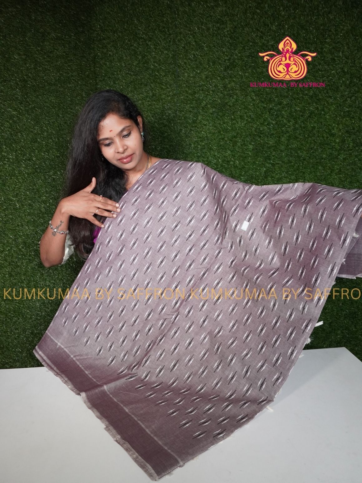 PURE COTTON-NEUTRAL EARTH TONE IKKAT PRINT SAREE WITH BLOUSE - TRENDY - GEOMETRIC DESIGN - Kumkumaa Exclusive COLLECTION - LATEST ELEGANT SAREE