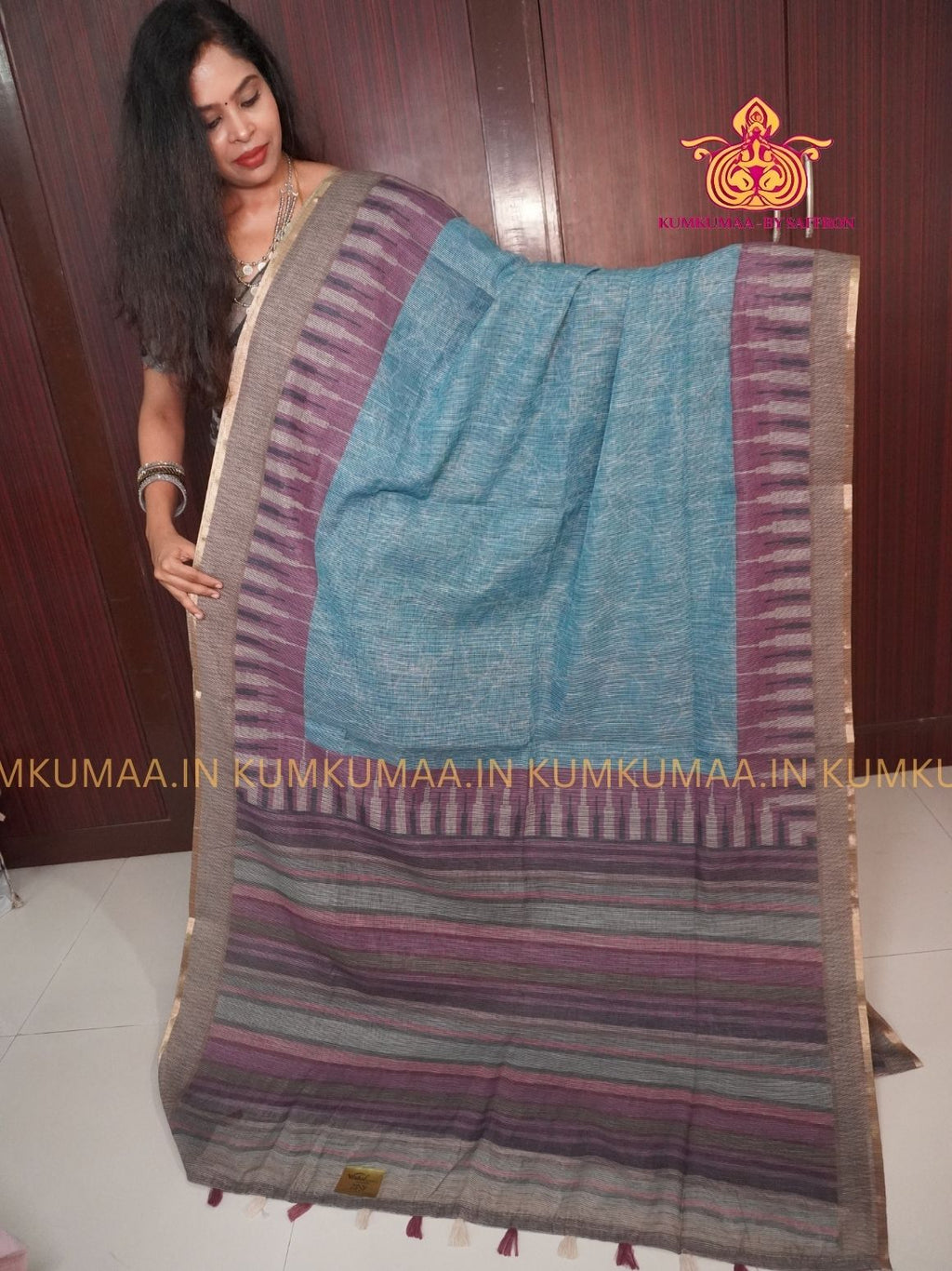 SOFT COTTON - BLUE AND MAJANTA COLOUR - TEMPLE DESIGN SAREE - MINIMALIST BORDER - LATEST COLLECTION - KUMKUMAA BY SAFFRON - UNIQUE DESIGN