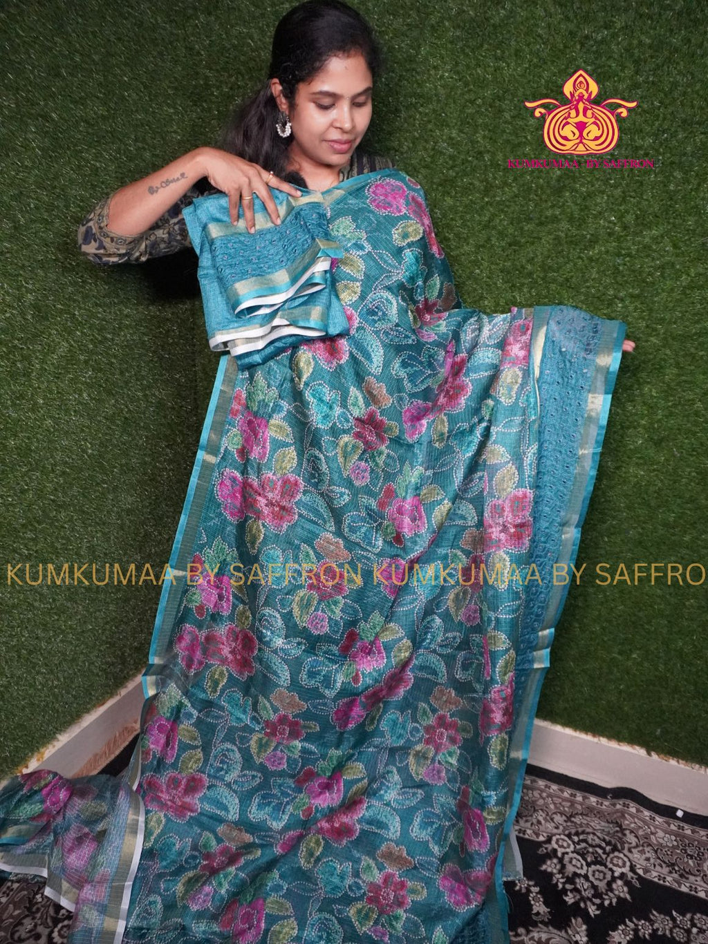 KOTA -TURQUOISE GREEN SAREE WITH FULLY PRINTED BLOUSE - FULL FLORAL PRINTED SAREE- MIRROR WORK BORDER Kumkumaa LIGHT WEIGHT - BREATHABLE SAREE- FANCY AND ELEGANT