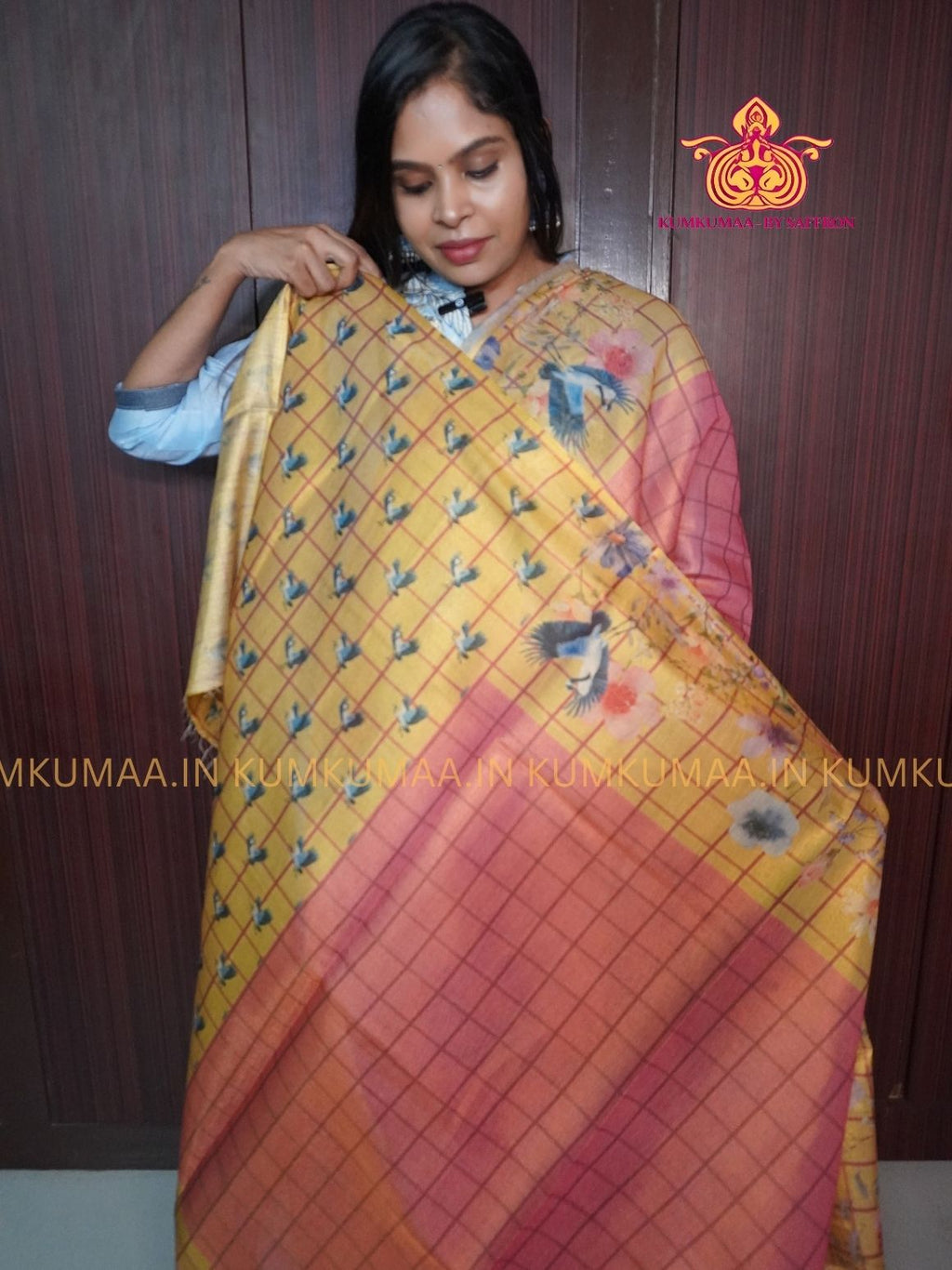 SOFT TISSUE - ORANGE WITH BEIGE COLOUR WITH BLOUSE - TISSUE WEAVING - SHINE TISSUE WITH FLORAL DESIGN -KUMKUMAA EXCLUSIVE