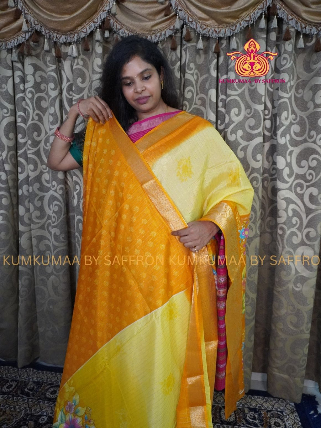Dola Silk - COMFORTABLE FESTIVE Beautiful saree for women-YELLOW -ORANGE -ZARI WEAVING STRIPES - FLORAL PRINT - KUMKUMAA TRENDY TRADITIONAL WEAR - Comfort - Confidence - Elegance