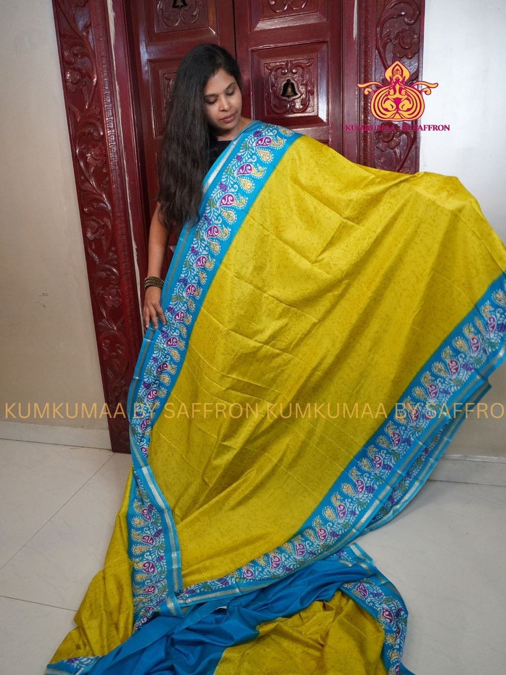 Dola Silk - COMFORTABLE FESTIVE Beautiful saree for women-YELLOW-LIGHT BLUE COLOUR - FLORAL PRINT&nbsp; - KUMKUMAA TRENDY TRADITIONAL WEAR - Comfort - Confidence - Elegance