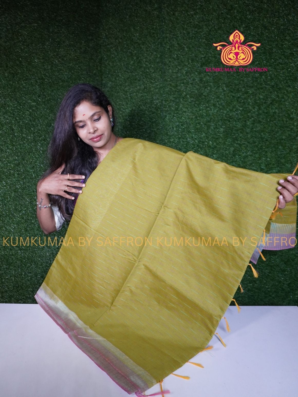 KOVAI COTTON- OLIVE GREEN AND PASTEL PINK SAREE WITH BLOUSE - Kumkumaa Exclusive- COMFORTABLE AND ELITE
