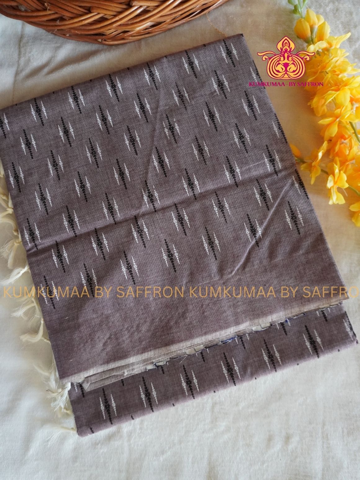 PURE COTTON-NEUTRAL EARTH TONE IKKAT PRINT SAREE WITH BLOUSE - TRENDY - GEOMETRIC DESIGN - Kumkumaa Exclusive COLLECTION - LATEST ELEGANT SAREE