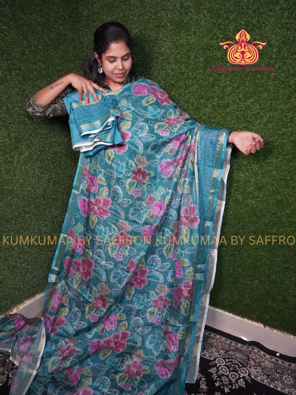 KOTA -TURQUOISE GREEN SAREE WITH FULLY PRINTED BLOUSE - FULL FLORAL PRINTED SAREE- MIRROR WORK BORDER Kumkumaa LIGHT WEIGHT - BREATHABLE SAREE- FANCY AND ELEGANT