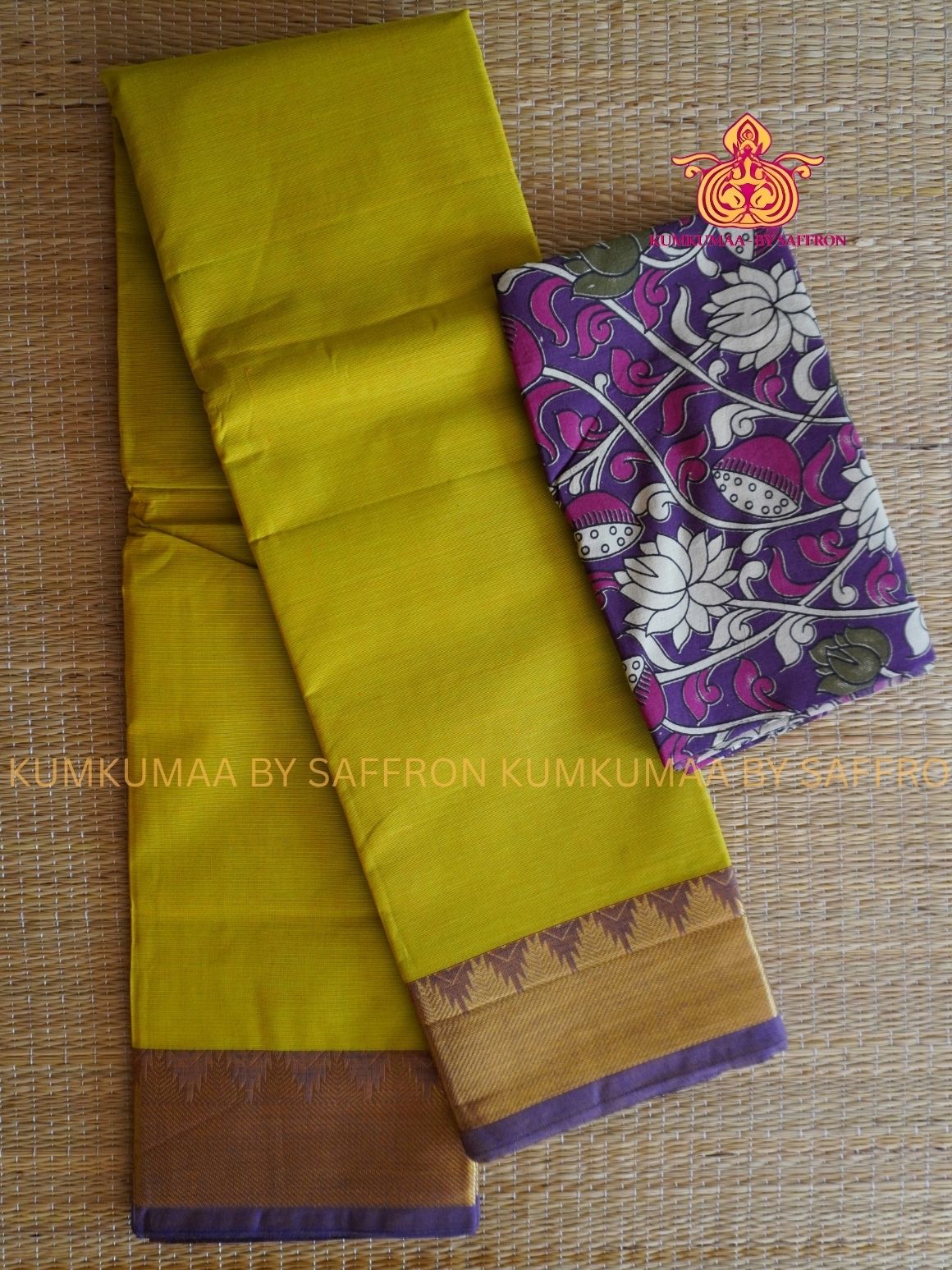CHETTINAD COTTON - YELLOW SAREE WITH VIOLET BORDER - SOFT AND COMFORTABLE - Kumkumaa Exclusive COMFORT EVERYDAY SAREE